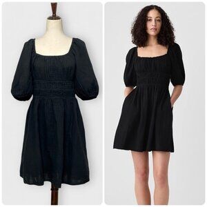 GAP Puff Sleeve Smocked Mini Dress Size L Black Scoop Neck Cotton Gauze Pockets